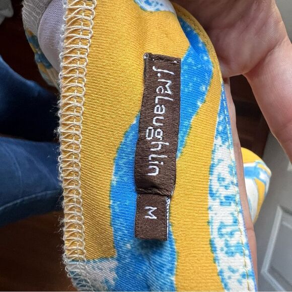 J McLaughlin Dress Small Multicolor 3/4 Sleeve Gold Yellow Blue Geometric Sz M - Picture 4 of 5